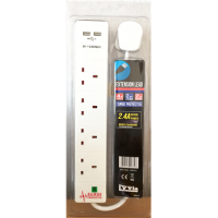 2m 4 Gang Extension Lead Surge Protector, 2 USB